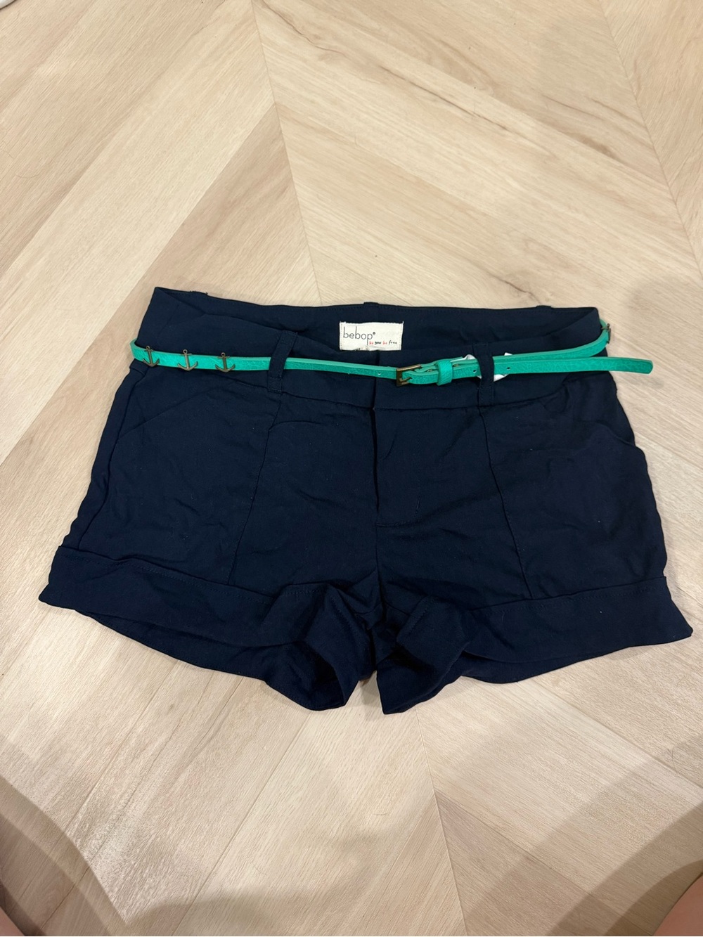BeBop Navy High-Waist Shorts with Teal Belt